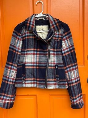 Y2K Hollister Co. asymmetric full zip plaid moto jacket